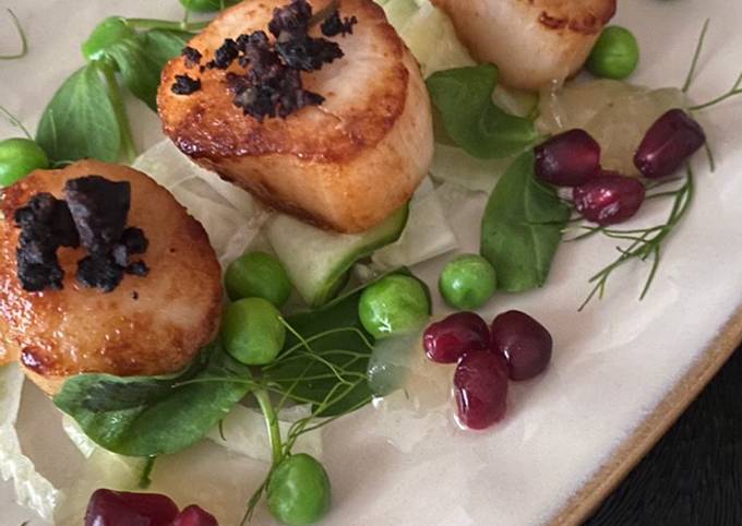 Scallops With A Black Pudding Crumb, Fennel & Cucumber Salad, Pea & Pea Shoots And Apple Purée