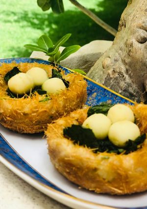 A picture of Special bird nest With potato,vermicelli and cottage cheese egg.
