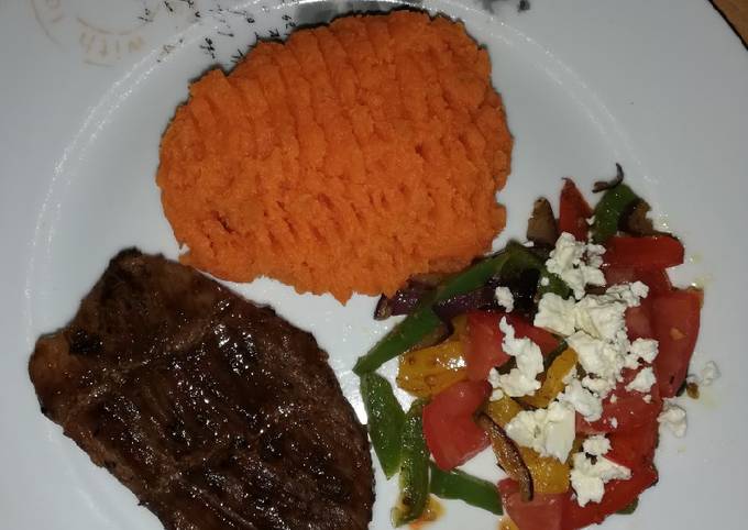 Steak peppers and sweet potato