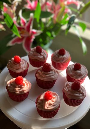 A picture of Vanilla raspberry cupcakes.