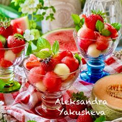 Fruit salad with watermelon, melon, and strawberries A picture of Fruit salad with watermelon, melon, and strawberries.