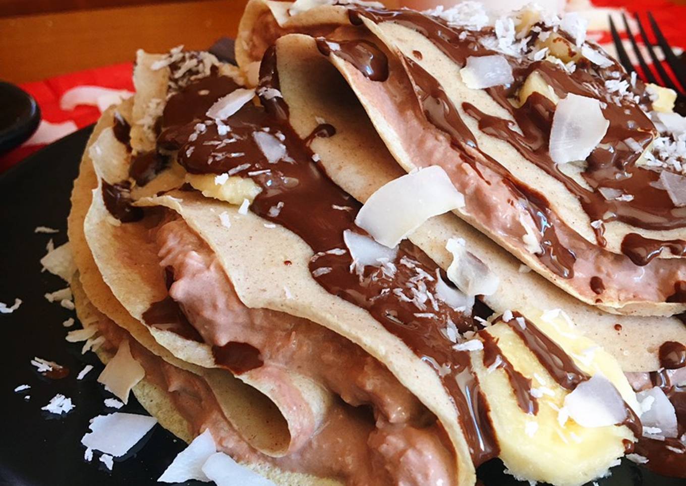 Crepes de plátano, coco y chocolate(sin gluten)