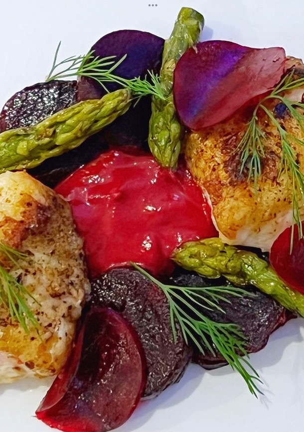 A picture of Cod and beetroots.