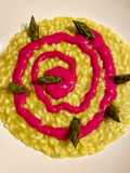 Asparagus Risotto with Beet Burrata