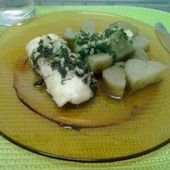 A picture of Curlpaper hake and sweet potato.