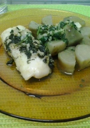 A picture of Curlpaper hake and sweet potato.