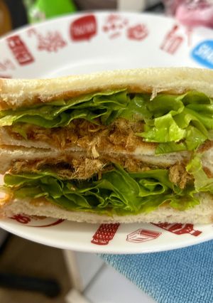A picture of Pork Floss Sandwich with Pizza Sauce.