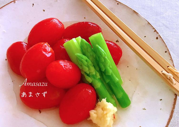 Pomodorini e asparagi in brodo dashi freddo