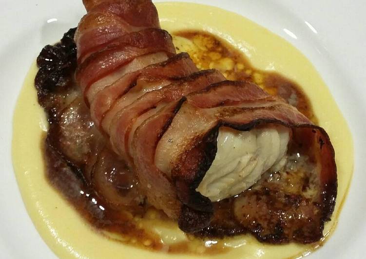 Rape albardado con bacon y crema de calabaza y naranja