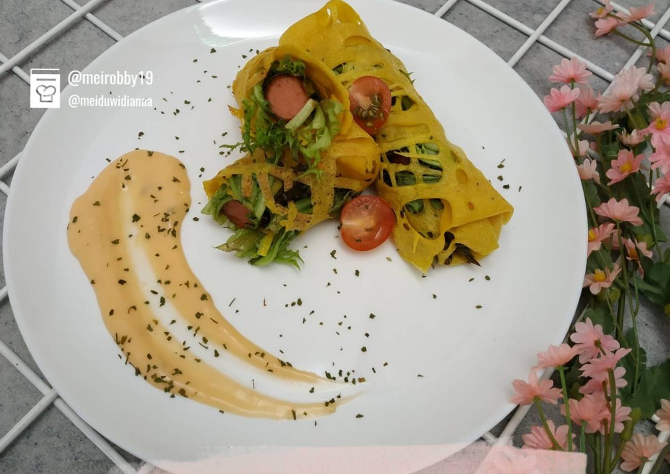 Net Pancakes with Grilled Chicken Sausage & Red Frisee Lettuce