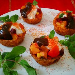 A picture of Baked Pumpkin Katori Chaat with Sweet potato and Beetroot.