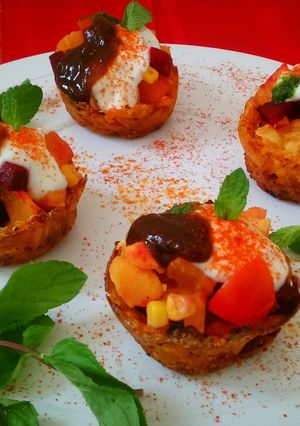 A picture of Baked Pumpkin Katori Chaat with Sweet potato and Beetroot.