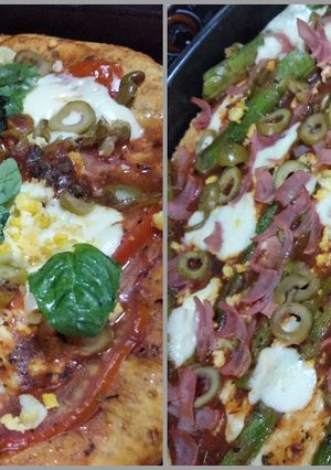 Una foto de Pizza integral de espárragos y tomate con albahaca