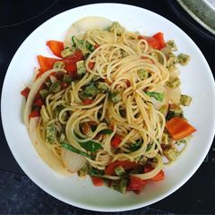 A picture of Spaghetti with fishball in tomato & oyster sauce - quick preparation.