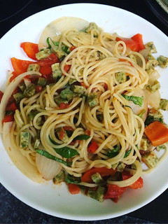 A picture of Spaghetti with fishball in tomato & oyster sauce - quick preparation.
