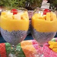 Mango smoothi with chia seed and coconut milk A picture of Mango smoothi with chia seed and coconut milk.