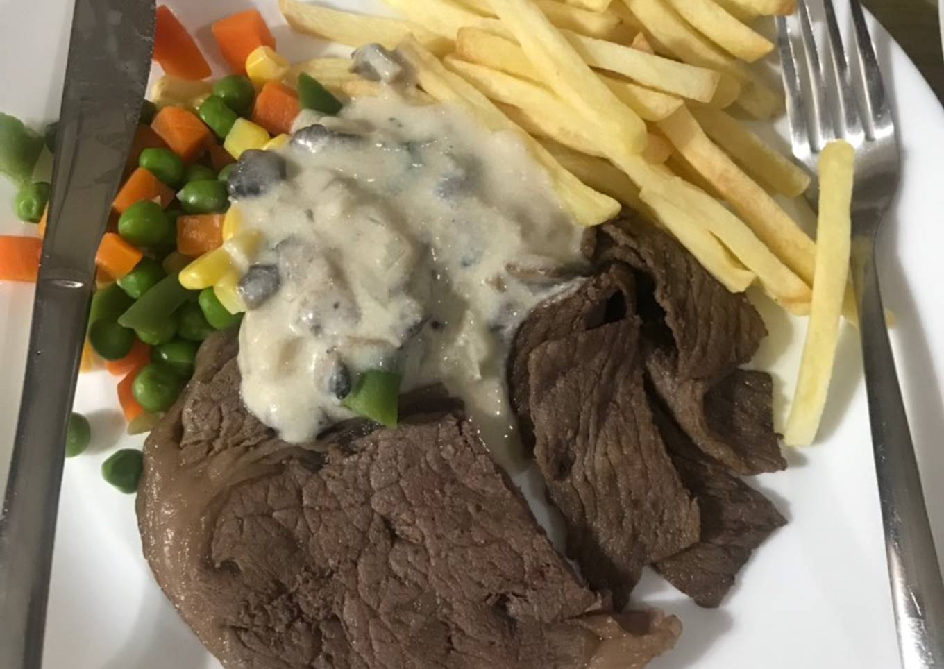 Striploin Steak with mushroom sauce