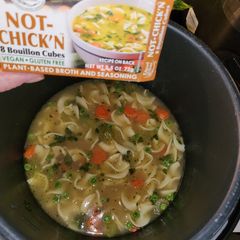 A picture of Easy pressure cooker meatless chicken Noddle soup.