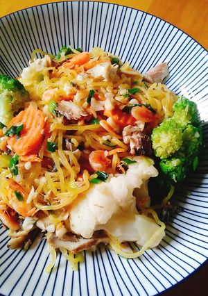 蒜香甜蝦鯖魚偽義大利麵 的食譜成品照片