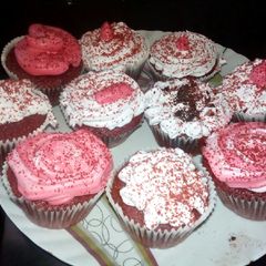 A picture of Redvelvet muffins with frosting#authors marathon.