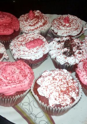 A picture of Redvelvet muffins with frosting#authors marathon.