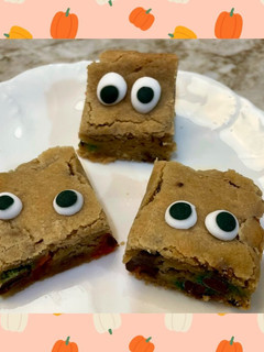 A picture of Monster Blondies (with leftover Halloween candy).