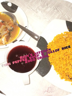 A picture of Jollof rice & Fish pepper soup, Zobo drink.