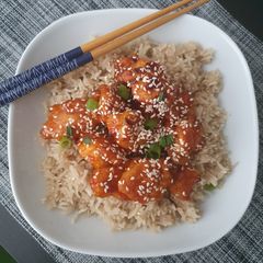 A picture of Sweet and Spicy Sesame Chicken with Rice.
