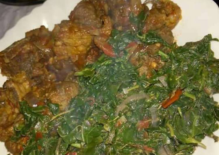 Ugali with fry beef and spinach