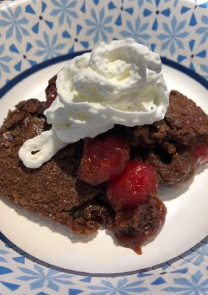 A picture of Cherry 🍒 Vanilla Coke Spiced Rum Brownie Cake.