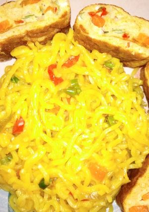 A picture of Egg omelette with noodles.