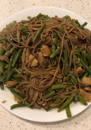 A picture of Pork Green Bean Braised Soba Noodles.