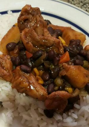 A picture of Black bean chicken marsala.