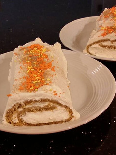 A picture of Carrot Cake Roll with Whipped Cinnamon Cream Cheese Filling and Frosting.