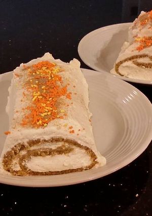 A picture of Carrot Cake Roll with Whipped Cinnamon Cream Cheese Filling and Frosting.