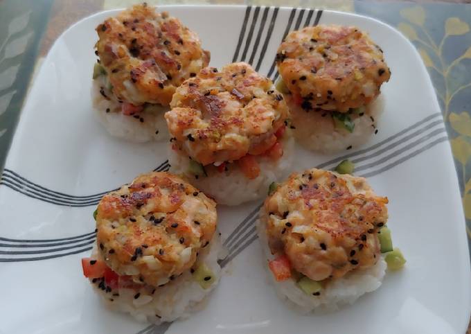 Sushi Stacks with Salmon Patties and Cucumber Salad