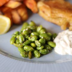 A picture of Pan toasted edamame and sesame seeds.