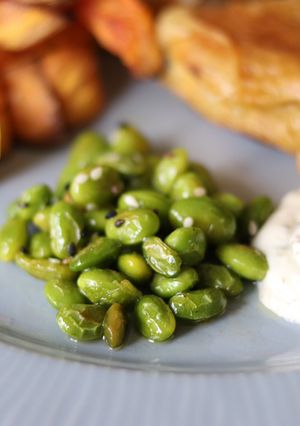 A picture of Pan toasted edamame and sesame seeds.