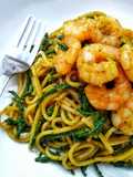 Spaghetti With King Prawns, Samphire & Pesto