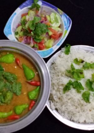 A picture of MOONG MASOOR Ke DAAL WITH BOILED RICE & SALAD.
