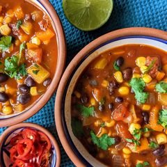A picture of Mexican black bean and sweetcorn soup.