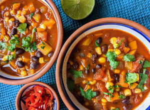 A picture of Mexican black bean and sweetcorn soup.