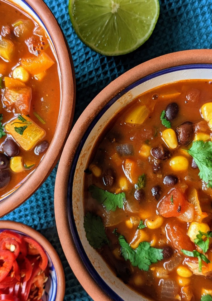 A picture of Mexican black bean and sweetcorn soup.