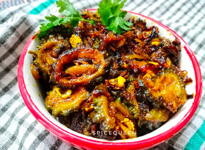 A picture of Onion Karela Subji in Gujarati style.
