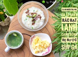 Hình của món Ăn dặm- cơm nhão trứng gà ta chiên rắc hạt lanh, canh bông hẹ.