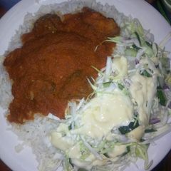 A picture of White rice with cabage.