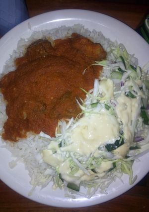 A picture of White rice with cabage.