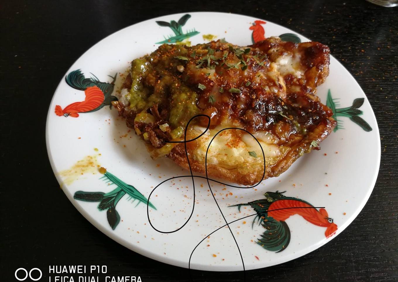 Fried Eggs With Basil Pesto, Cheese And Sweat Spicy Sauce
