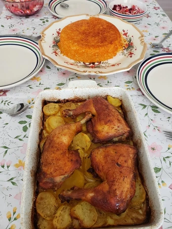 Easy Way Prepare Red rice with chicken legs and potatoes the Awesome  So Delicious