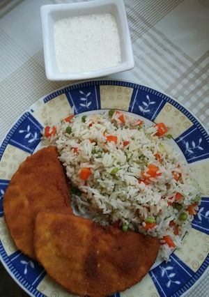 Rántott zeller zöldséges rizzsel recept fotója